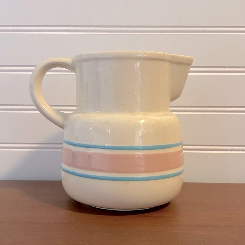Vintage McCoy Pink Blue Striped Ceramic Pitcher